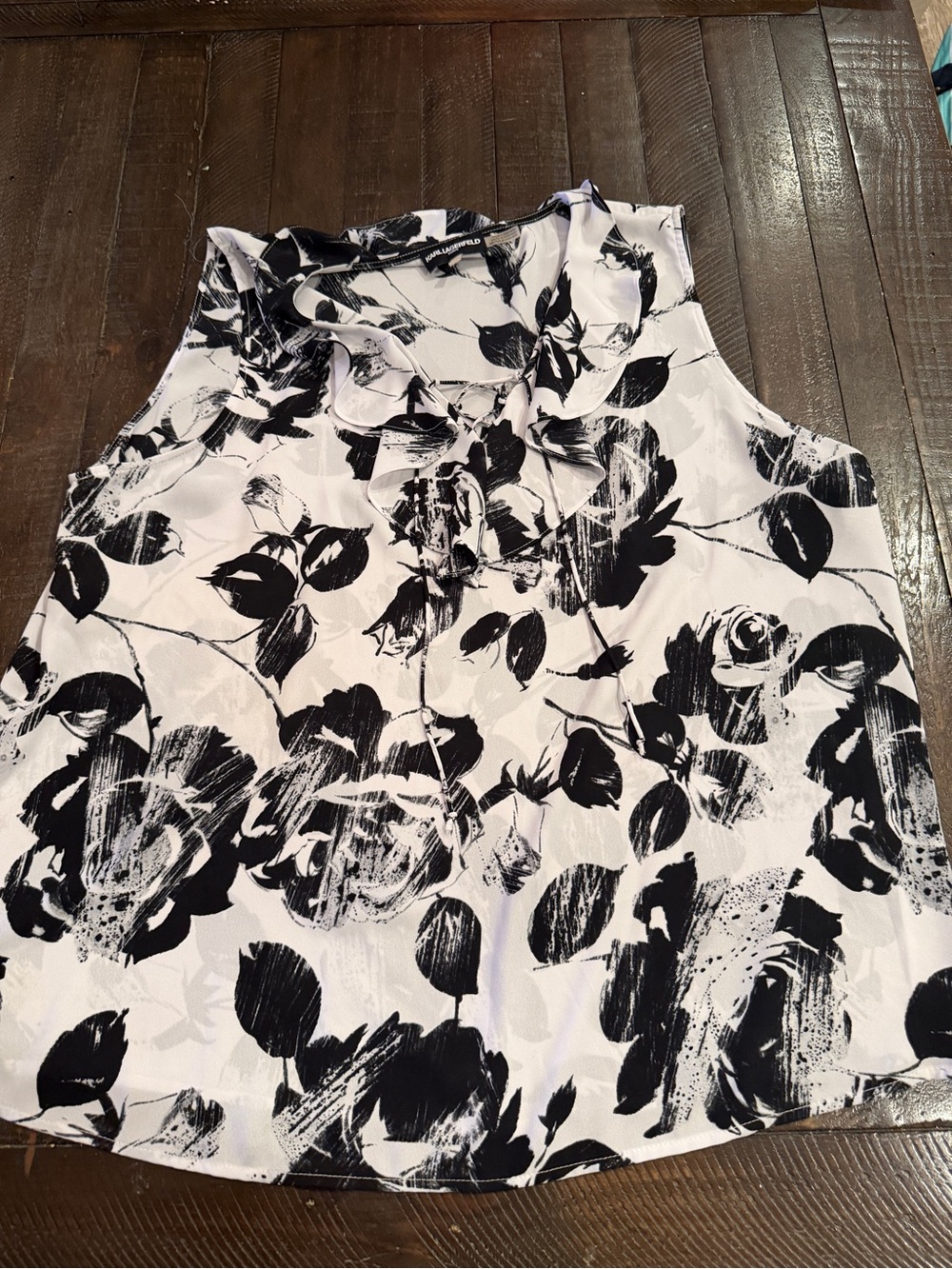 Karl Lagerfeld Black & White Floral Ruffle Neck Camisole